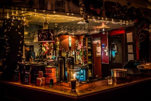 The Bar lit up at night     